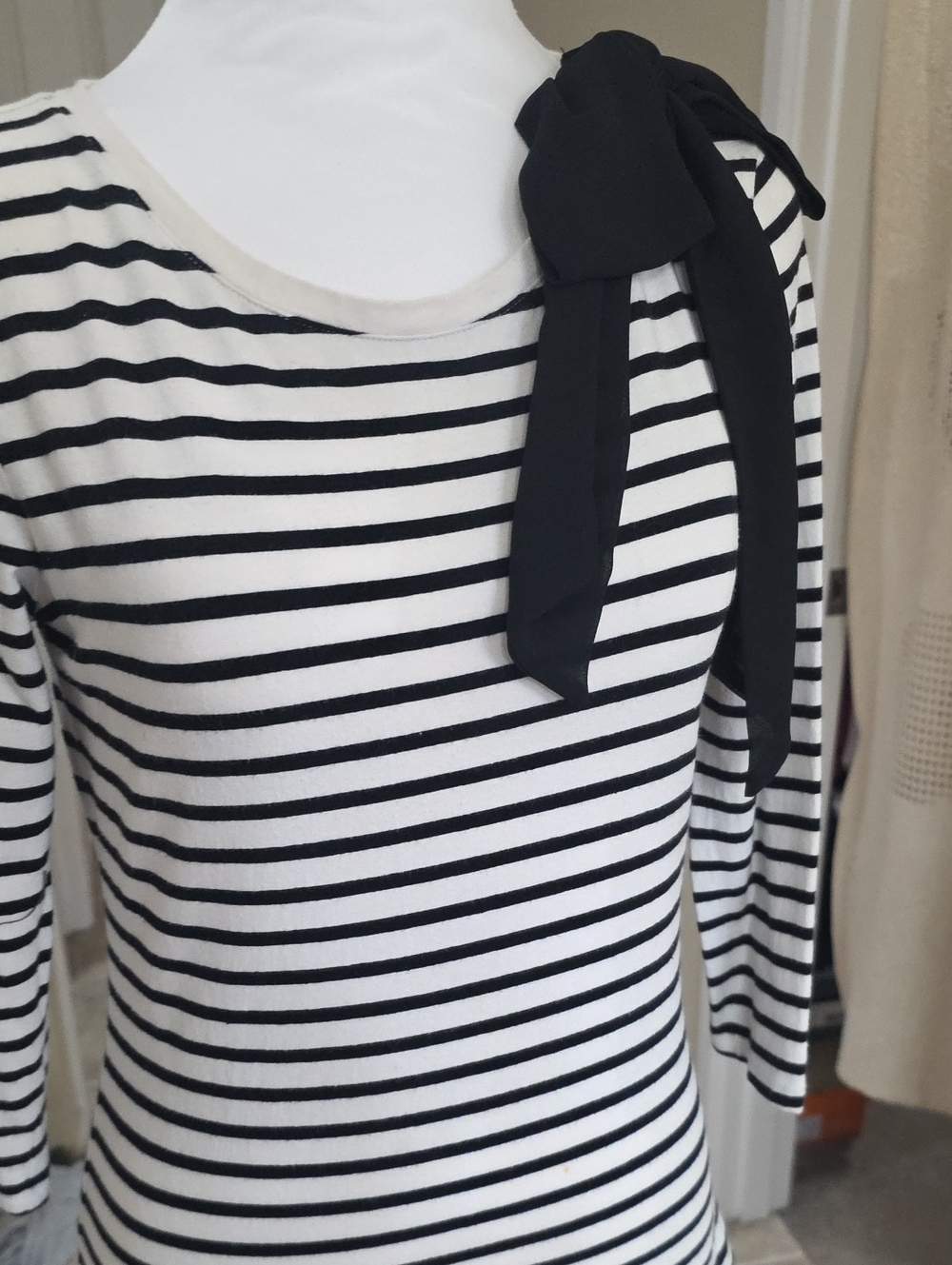 Maison Jules Black & White Striped Tie-Shoulder Long Sleeve Top